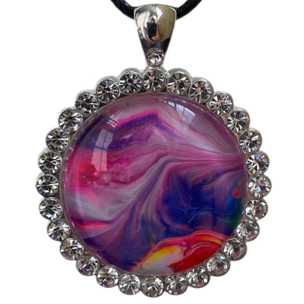 Hand Crafted Necklace Round Fluid Art Pendant Pink Purple White